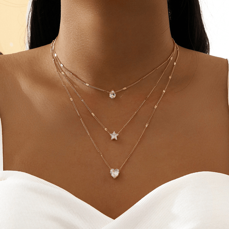 MULTI LAYER NECKLACE, HEART, STAR, DROPLET