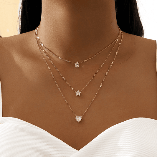 MULTI LAYER NECKLACE, HEART, STAR, DROPLET